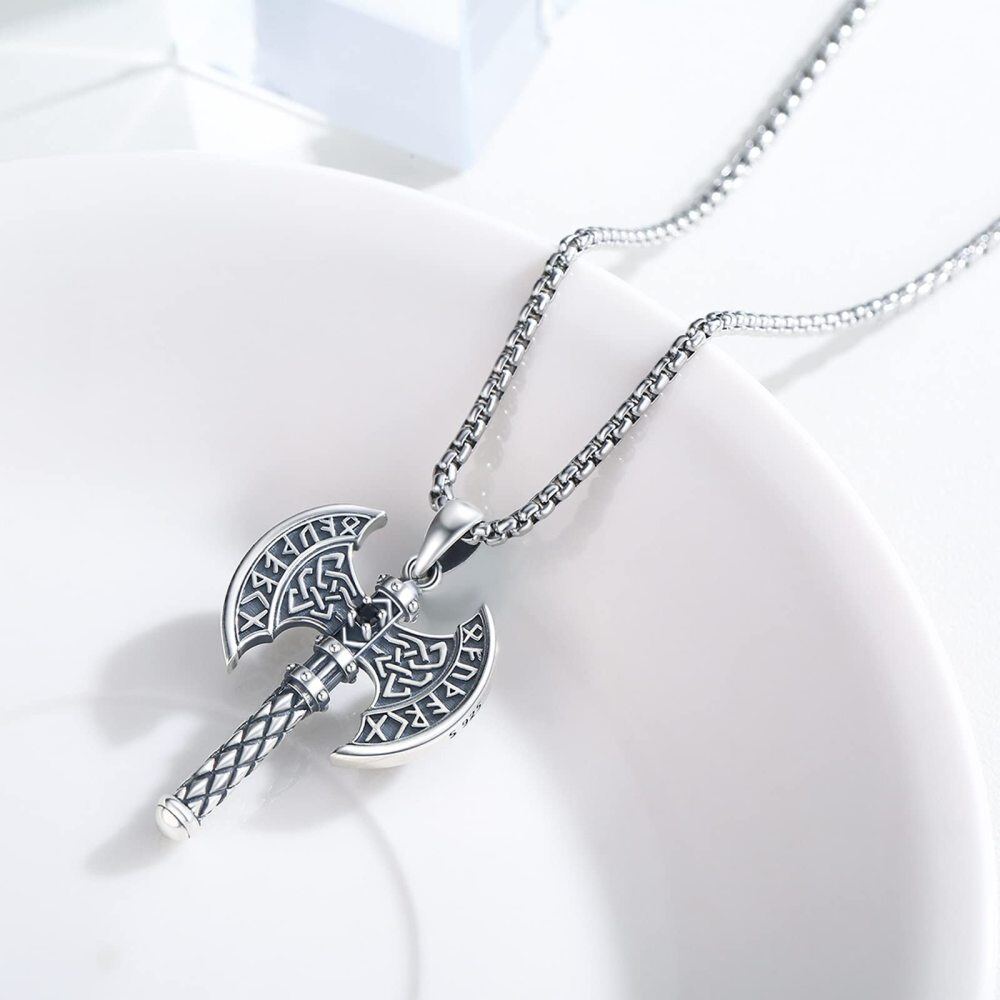 Sterling Silver Zircon Viking Rune Pendant Necklace for Men-3