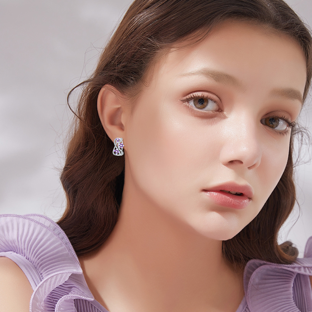 Sterling Silver Zircon Violet Lever-back Earrings-2