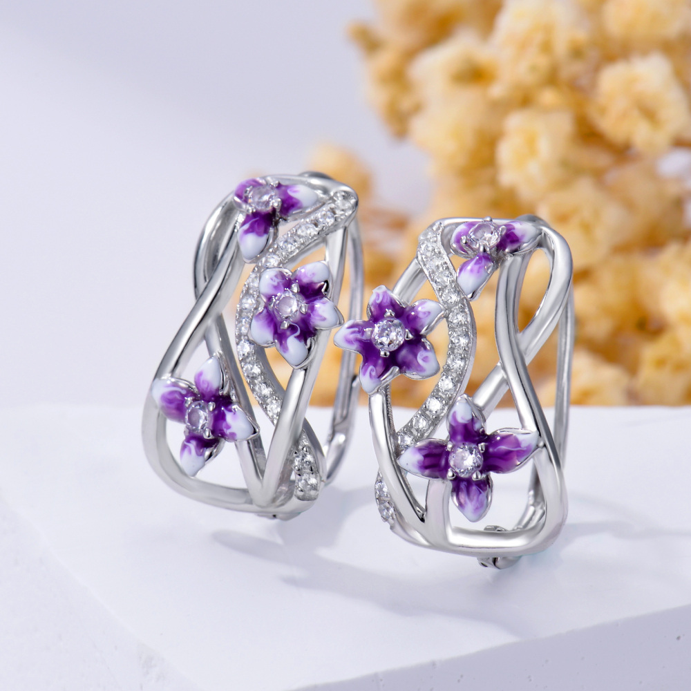 Sterling Silver Zircon Violet Lever-back Earrings-3