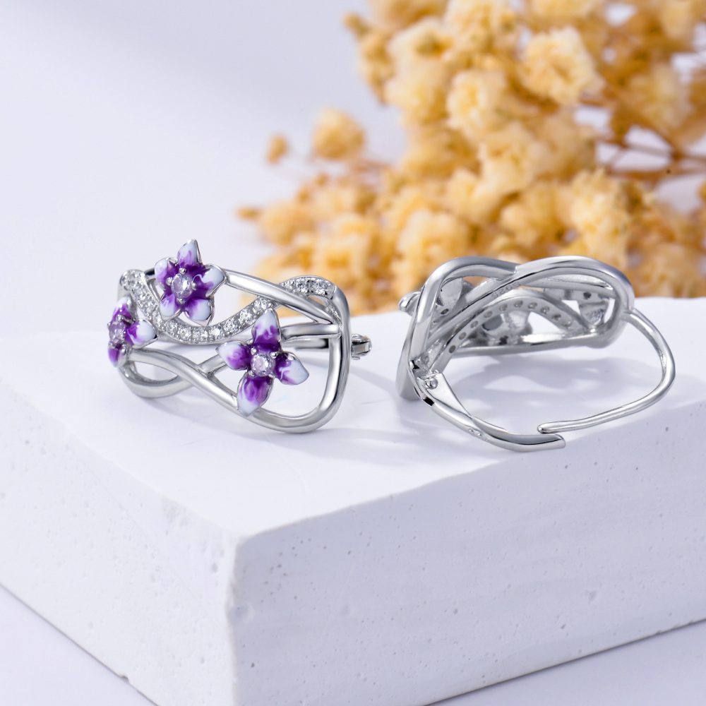 Sterling Silver Zircon Violet Lever-back Earrings-4