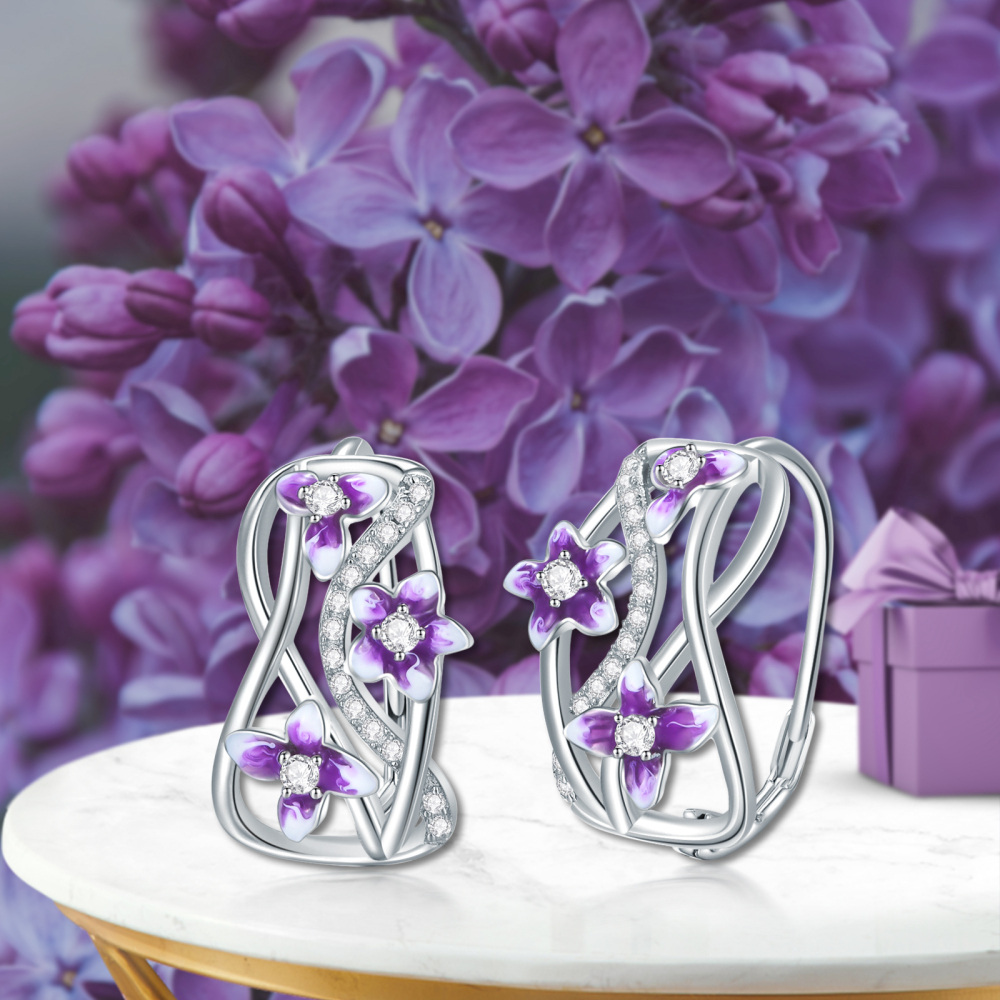 Sterling Silver Zircon Violet Lever-back Earrings-6