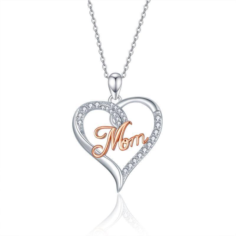 Sterling Silver Cubic Zirconia Heart Pendant Necklace With Engraved Words For Women-1