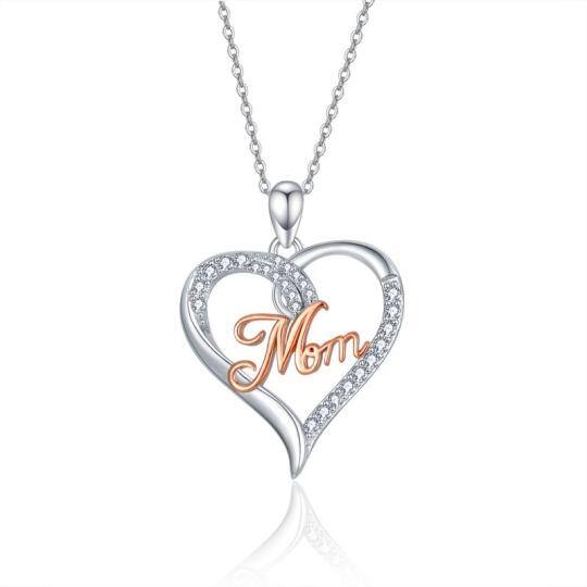 Plata de leyCorazón de circonita cúbica Collar con colgante de mamá