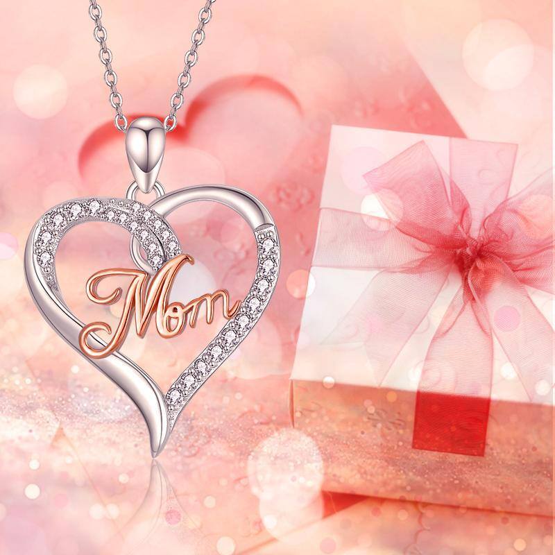 Sterling Silver Cubic Zirconia Heart Pendant Necklace With Engraved Words For Women-5