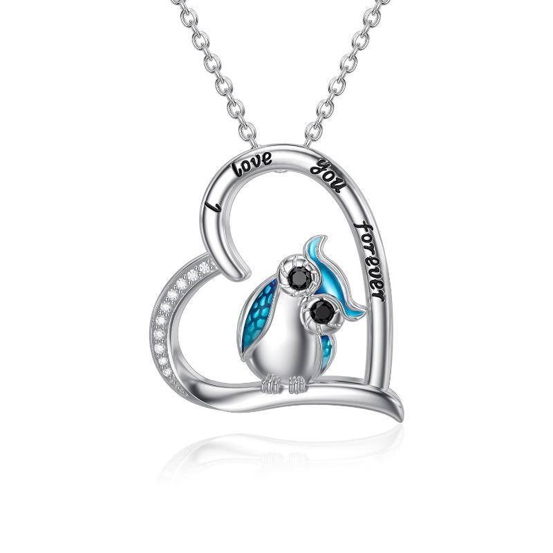 Sterling zilverenCubic Zirconia uil & hart hanger ketting gegraveerd I Love You Forever-1