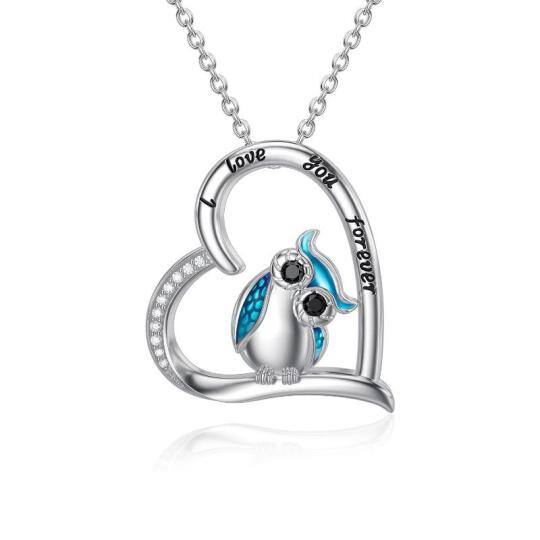 Sterling SilverCubic Zirconia Owl & Heart Pendant Necklace Engraved I Love You Forever