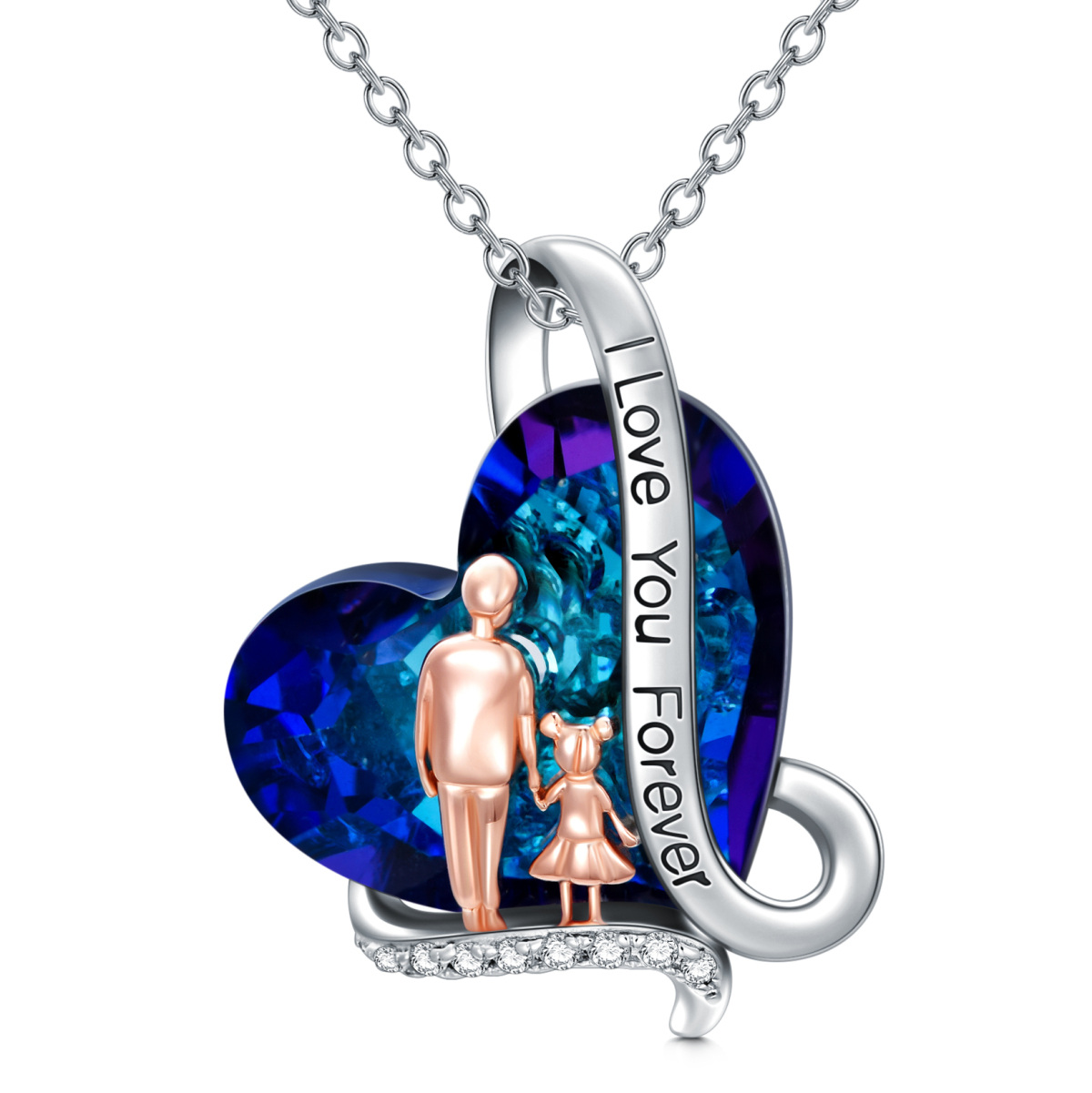 Sterling Silver Father & Daughter Blue Heart Crystal Pendant Necklace Gift For Women-1