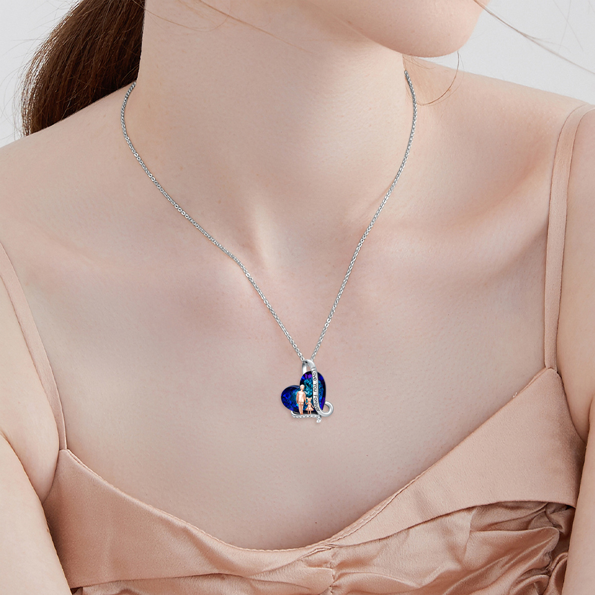 Sterling Silver Father & Daughter Blue Heart Crystal Pendant Necklace Gift For Women-2