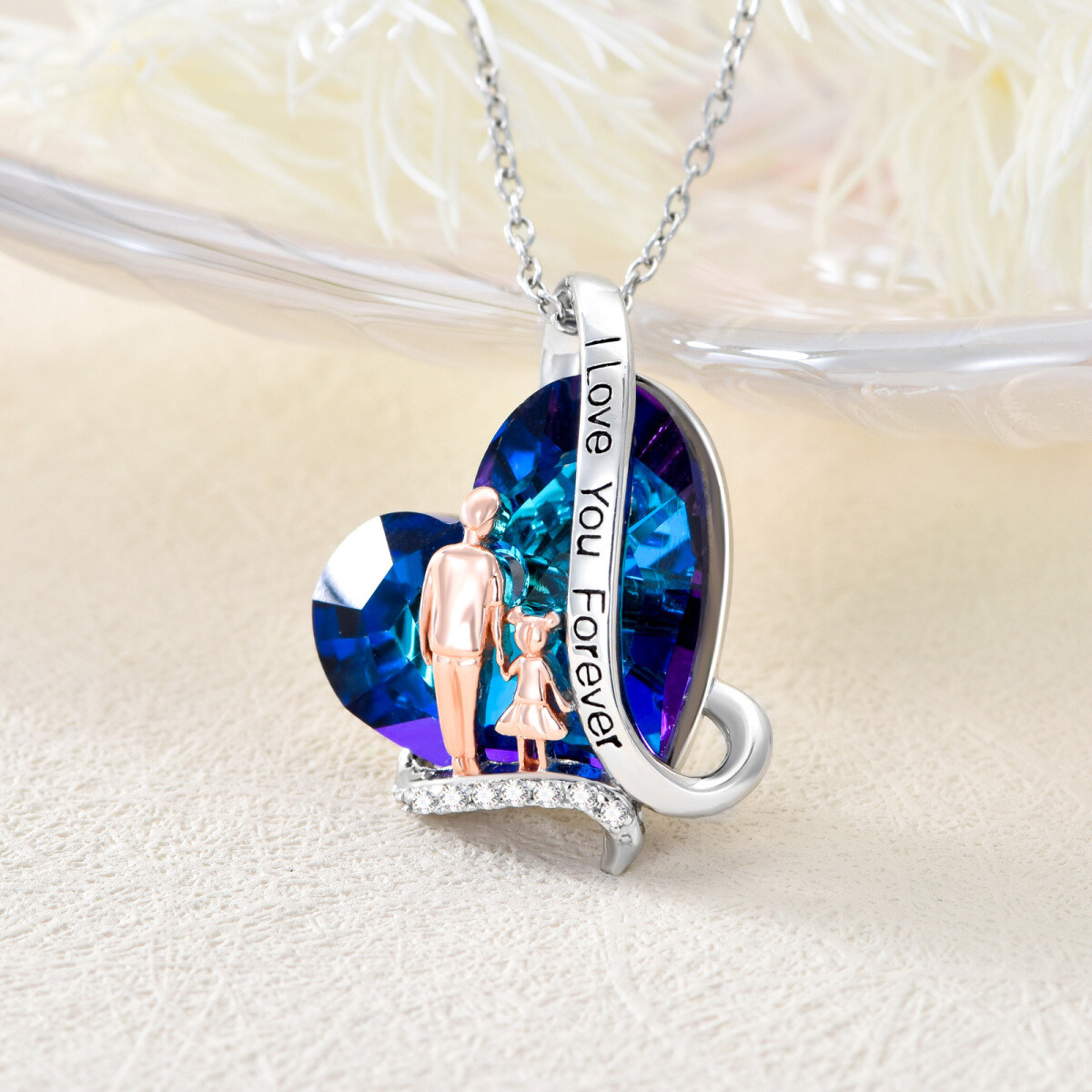 Plata de leyPadre e Hija Corazón Azul Colgante Collar de Cristal Regalo para Hija-3