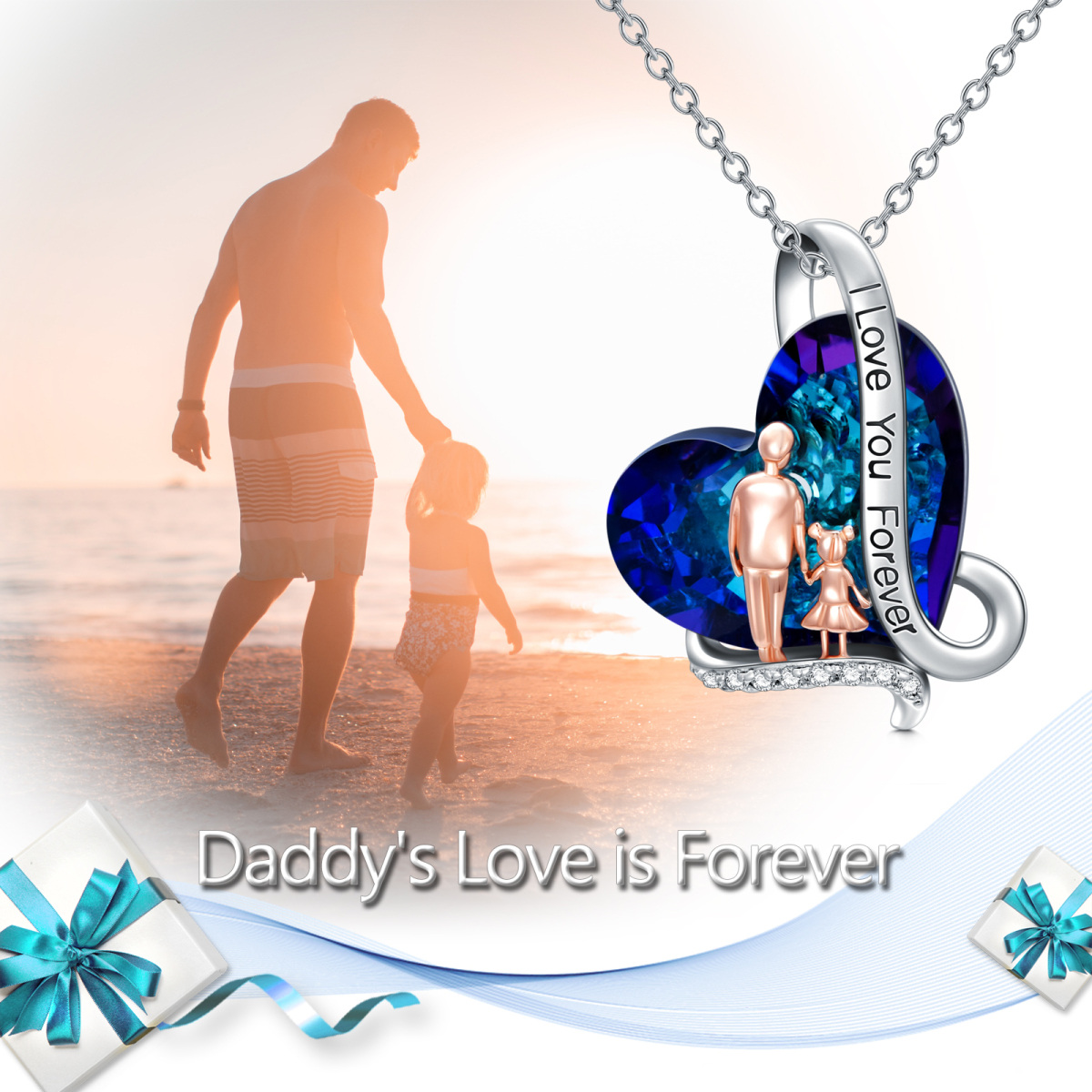 Sterling Silver Father & Daughter Blue Heart Crystal Pendant Necklace Gift For Women-5