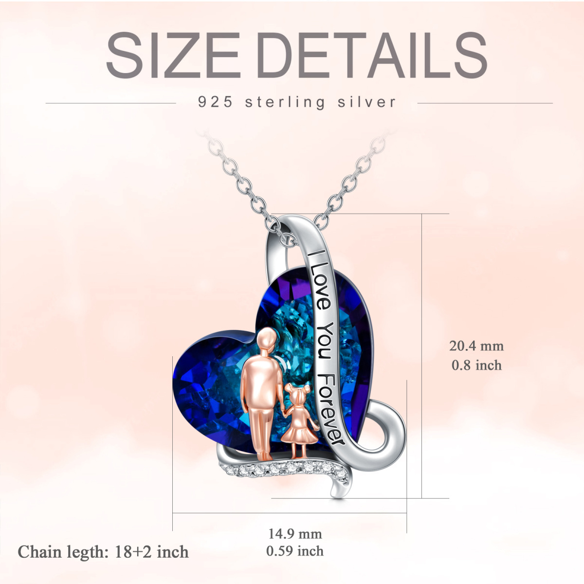 Collier pendentif en argent sterling père et fille en forme de cœur bleu avec pendentif en cristal, cadeau pour femme-6