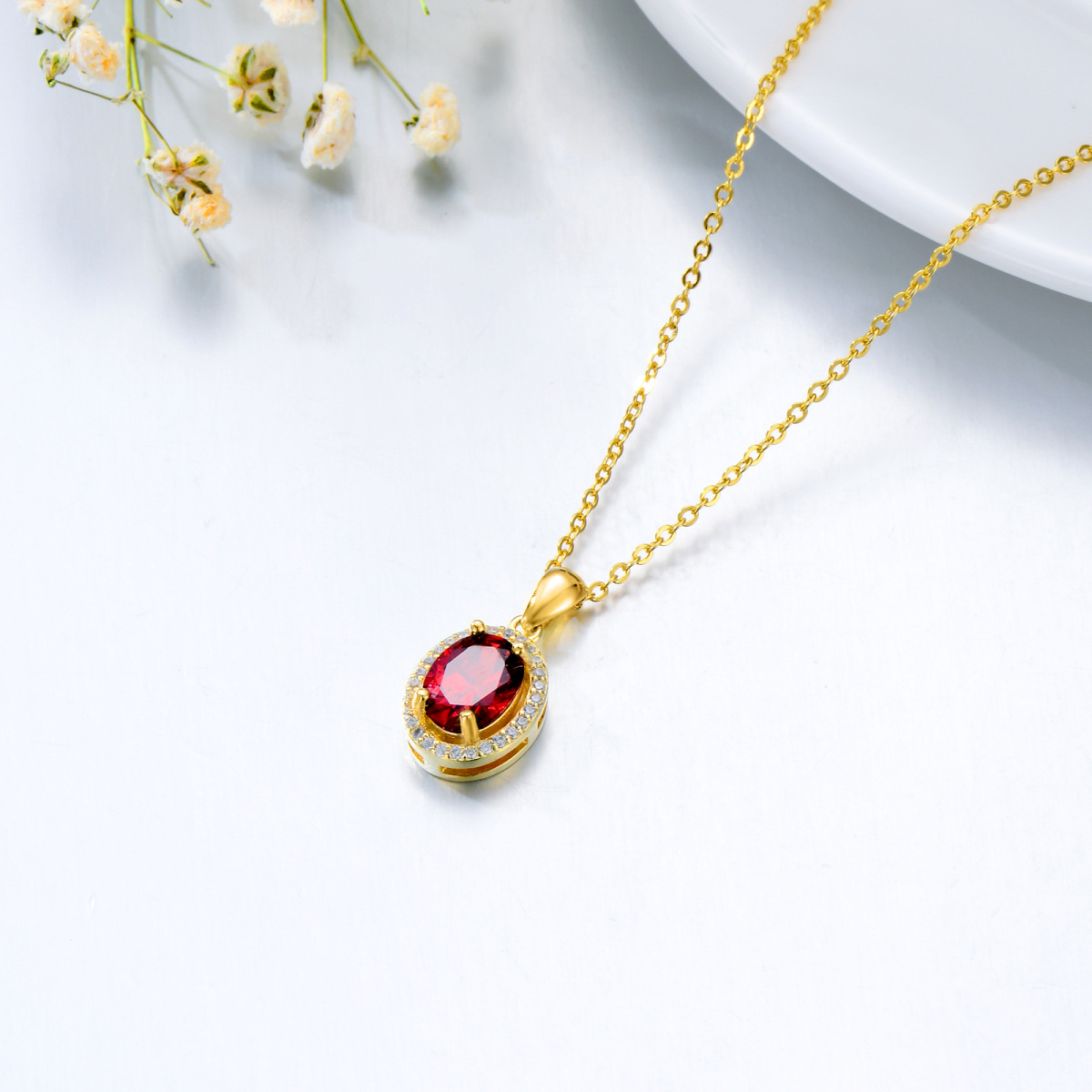 Sterling SilverYellow Gold Plated Circular Shaped Garnet Round Pendant Necklace-5