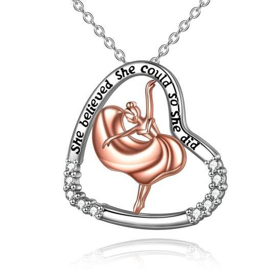 Sterling Silver Two-tone Dancing Girl & Heart Engraved Necklace for Women