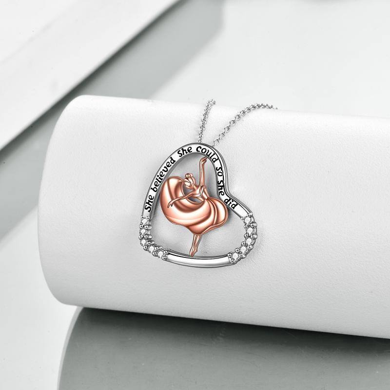 Collana in argento sterling bicolore con incisione a forma di cuore di ragazza danzante per donna-3