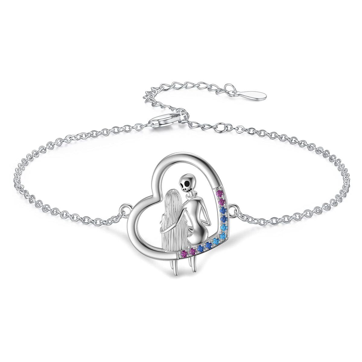 Sterling Silver Circular Shaped Cubic Zirconia Heart & Skull Single Layer Charm Anklet-1