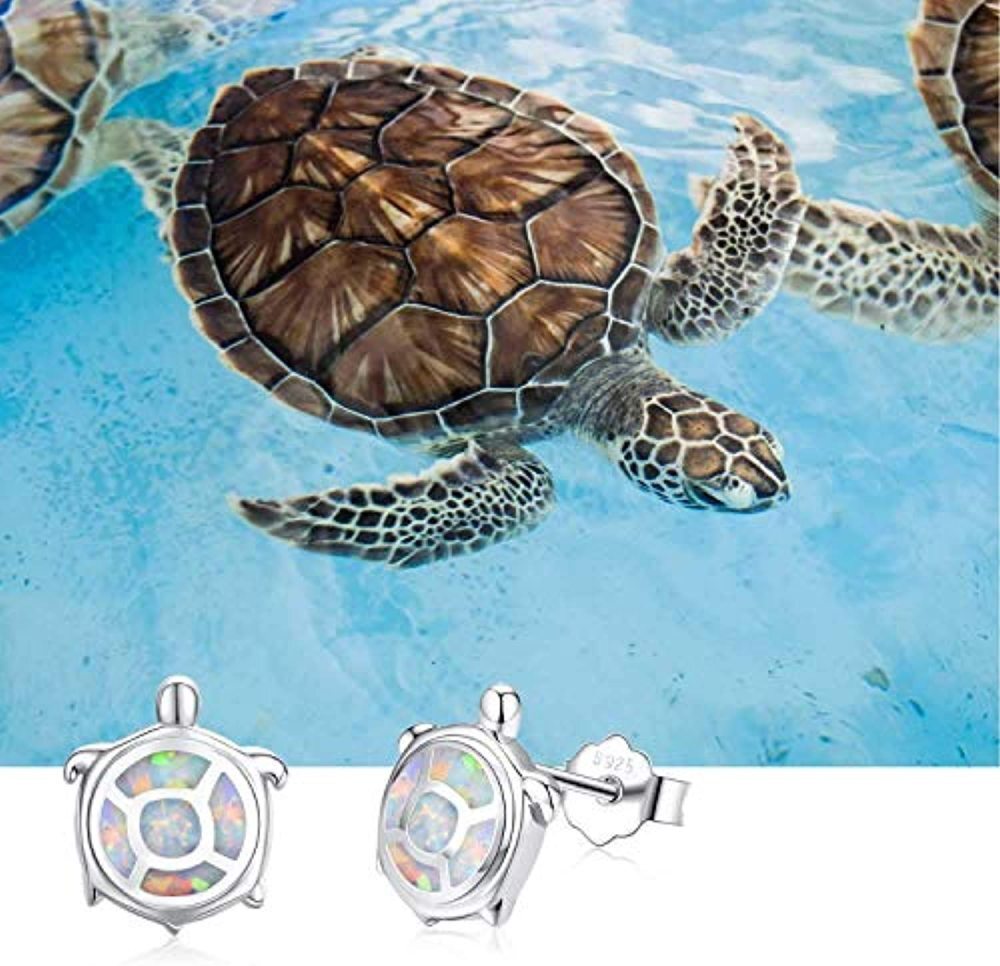 Pendientes de plata de ley con forma de tortuga y ópalo para mujeres y niños-6