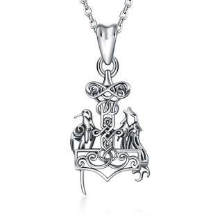 Sterling Silver Wolf & Thor's Hammer Pendant Necklace-53