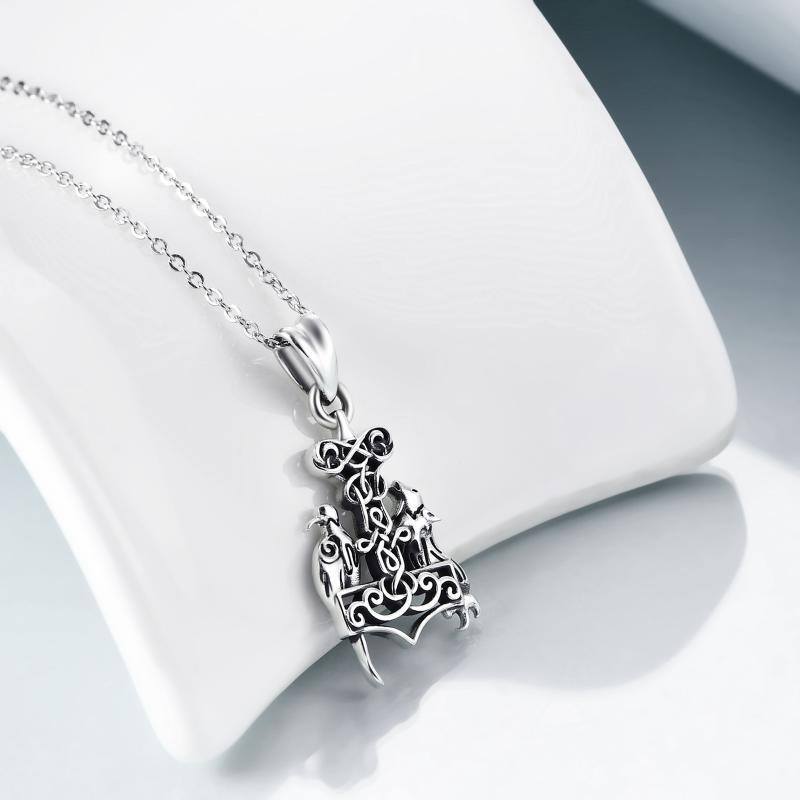 Sterling Silver Wolf & Thor's Hammer Pendant Necklace-4