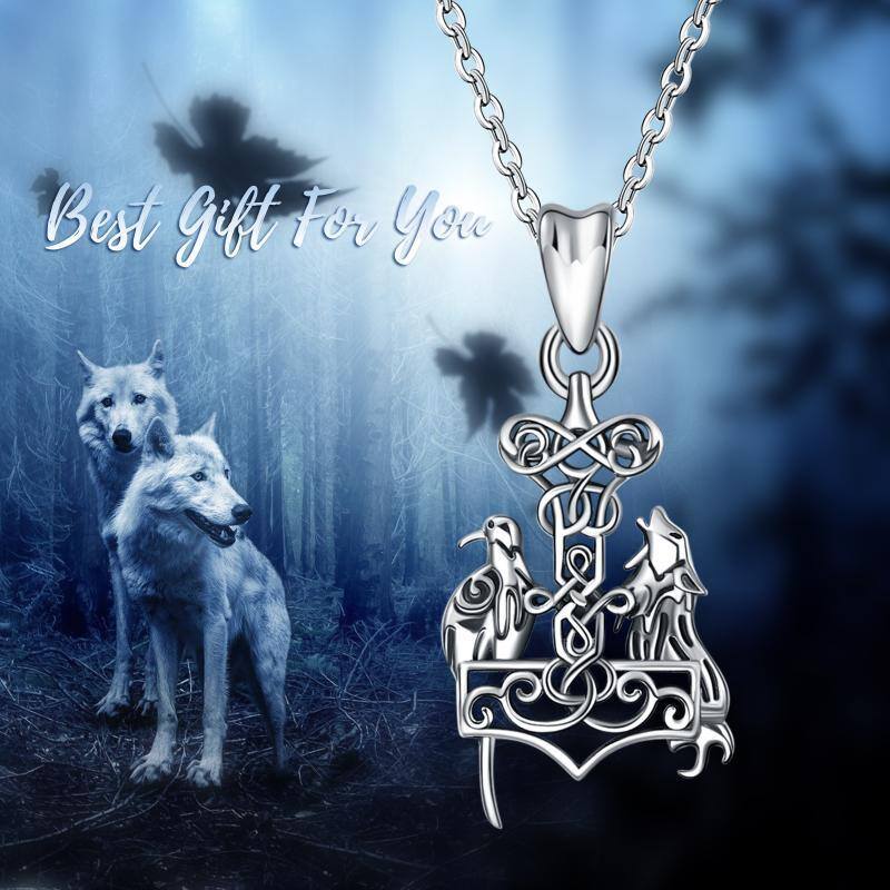 Sterling Silver Wolf & Thor's Hammer Pendant Necklace-6