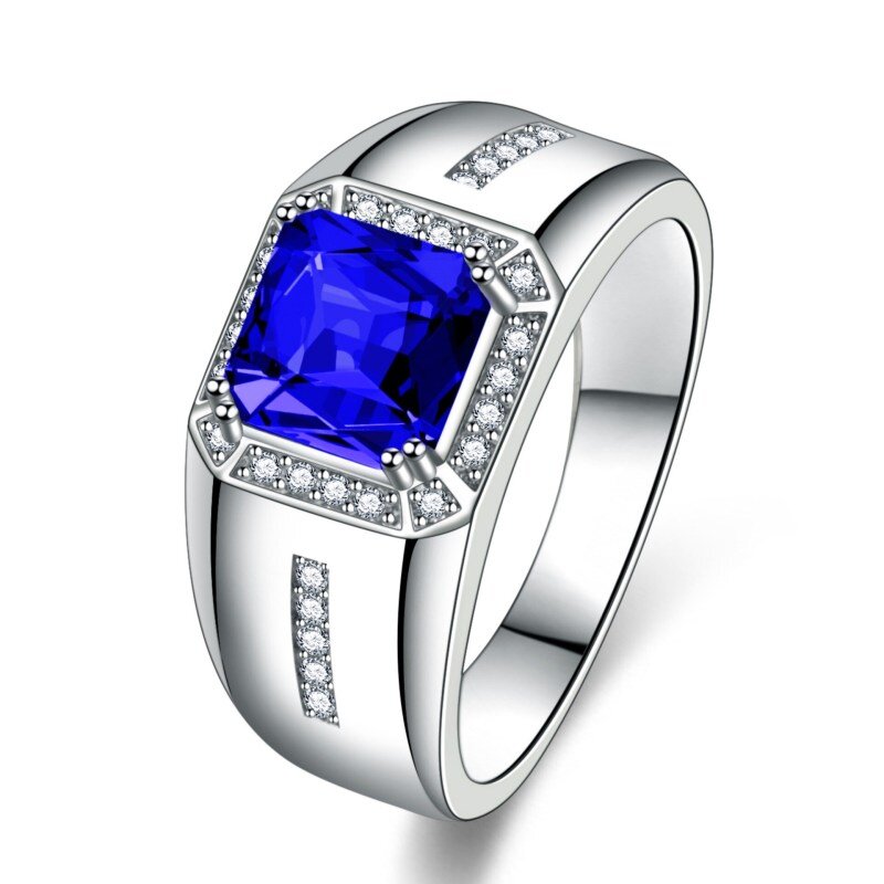 Sterling Silve Blue Sapphire Moissanite Personalized Engraving Ring for Men-6