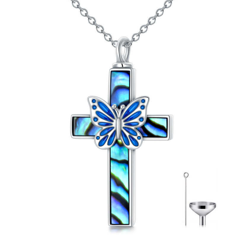 Collier urne en argent sterling avec croix papillon et coquillages d'ormeau pour cendres-19