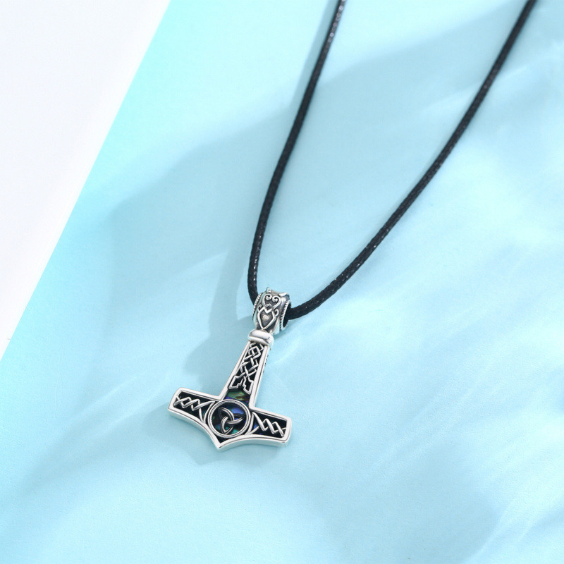 Collar colgante de plata de ley con abalón, marisco, nudo celta y martillo de Thor-5