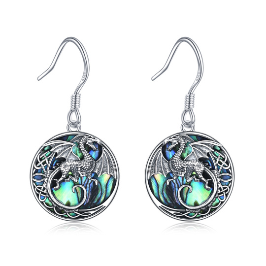 スターリングシルバーのアワビ貝とドラゴン、ケルトノットのドロップイヤリング