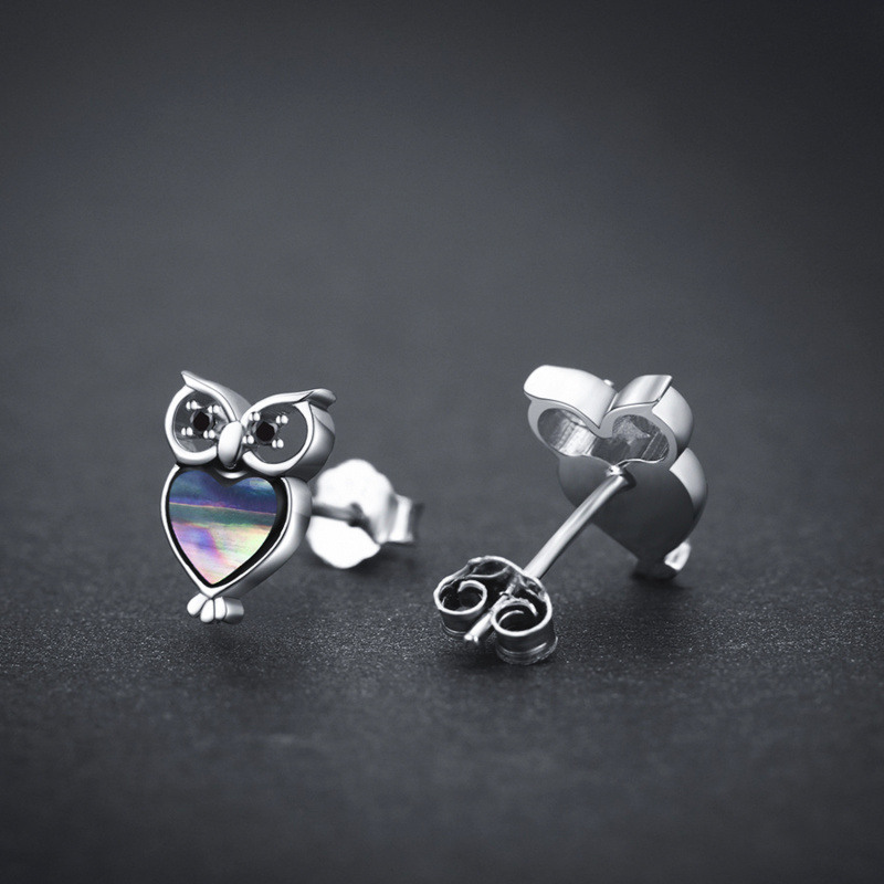 Sterling Silver Abalone Shellfish Owl Stud Earrings-5