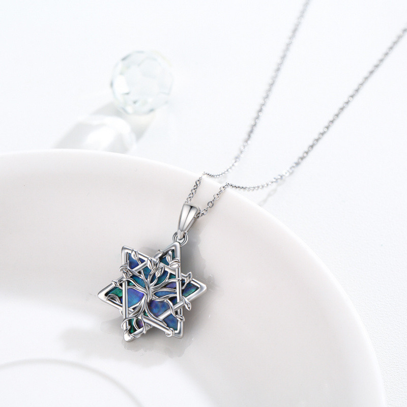 Collar con colgante de árbol de la vida de estrella de David de mariscos de abulón de plata de ley para mujer-4