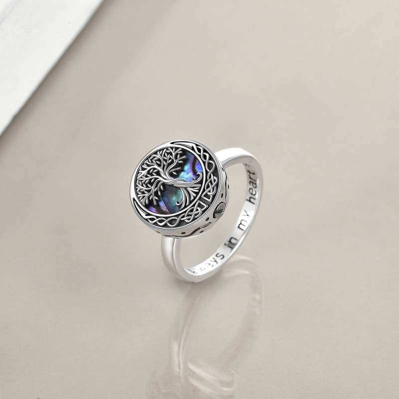 Anillo de urna de luna con nudo celta y árbol de la vida de marisco abulón en plata de ley con palabra grabada para mujer-3