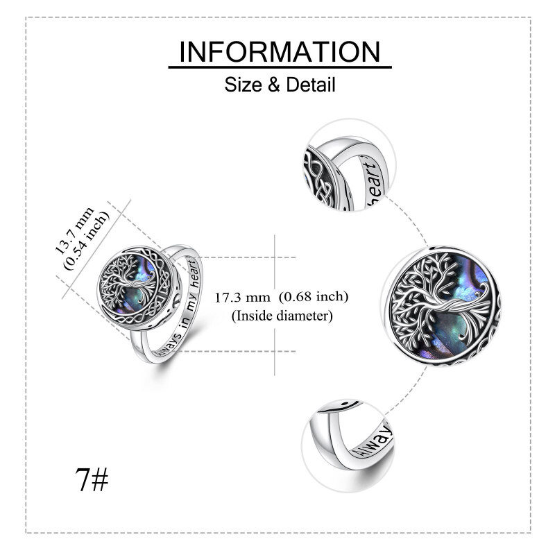 Anillo de urna de luna con nudo celta y árbol de la vida de marisco abulón en plata de ley con palabra grabada para mujer-5