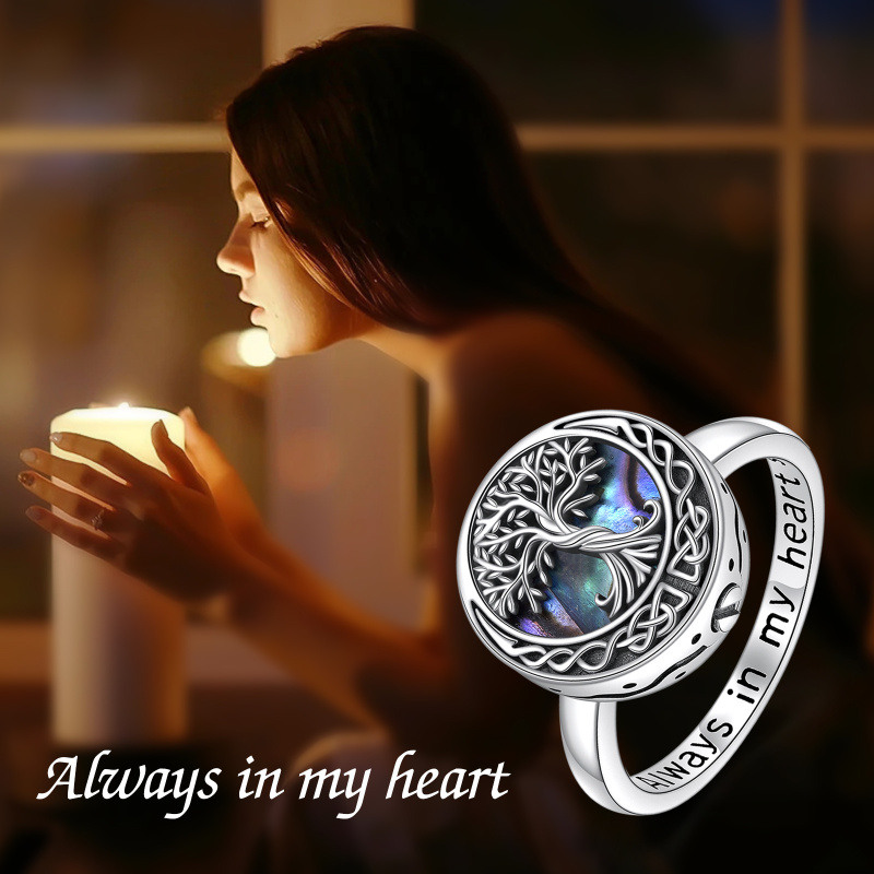 Anillo de urna de luna con nudo celta y árbol de la vida de marisco abulón en plata de ley con palabra grabada para mujer-6