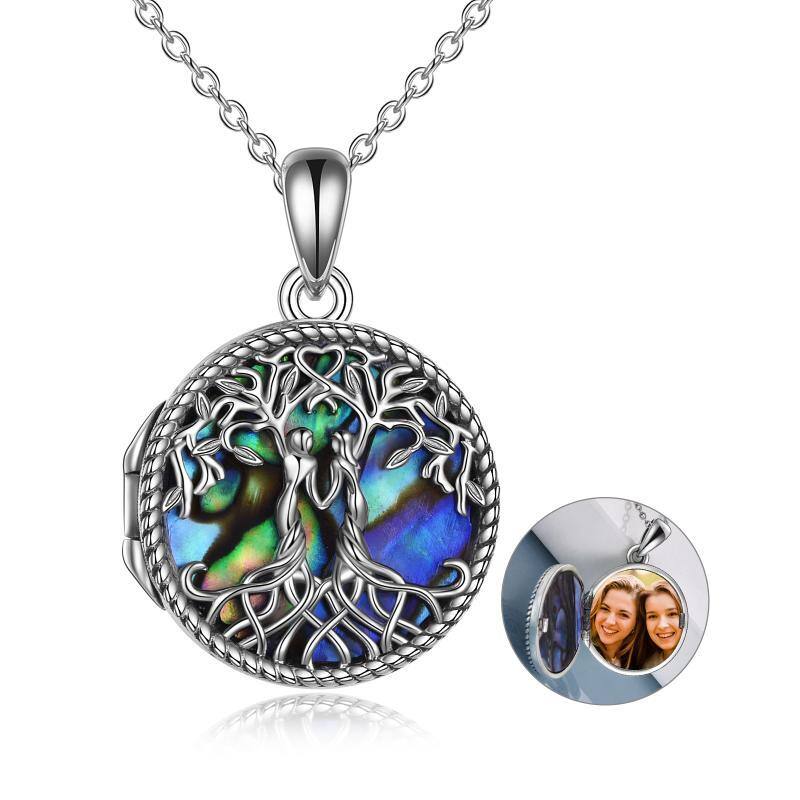 Collar con medallón fotográfico personalizado de plata de ley con diseño de árbol de la vida de abulón y conchas.-20