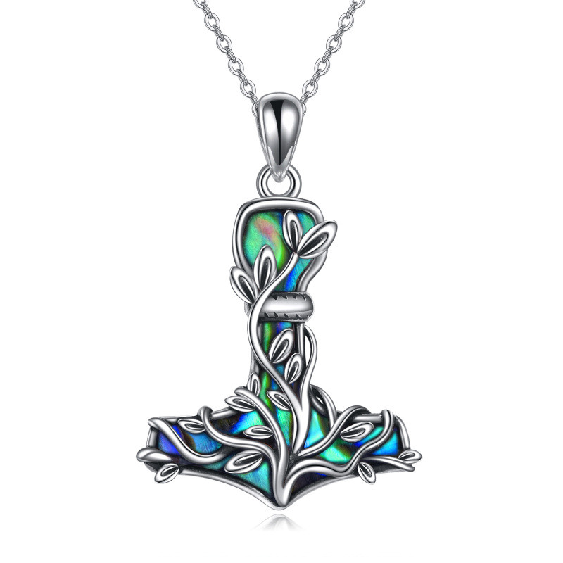 Sterling Silver Abalone Shellfish Tree Of Life & Thor's Hammer Pendant Necklace-5