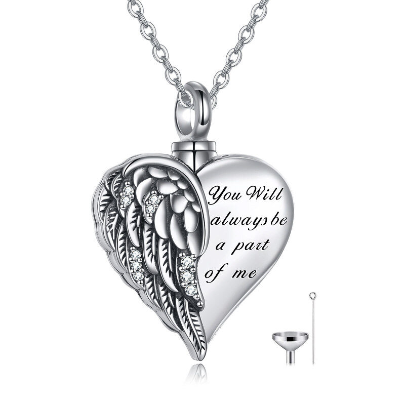 Sterling Silver Angel Wing & Heart Urn Necklace for Ashes with Engraved Word-15