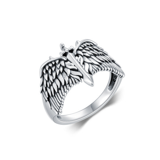 Anillo de plata de ley con forma de espada y alas de ángel para hombre