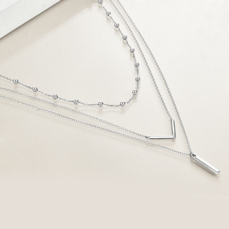 Collar de capas con barra de plata esterlina para mujer-4