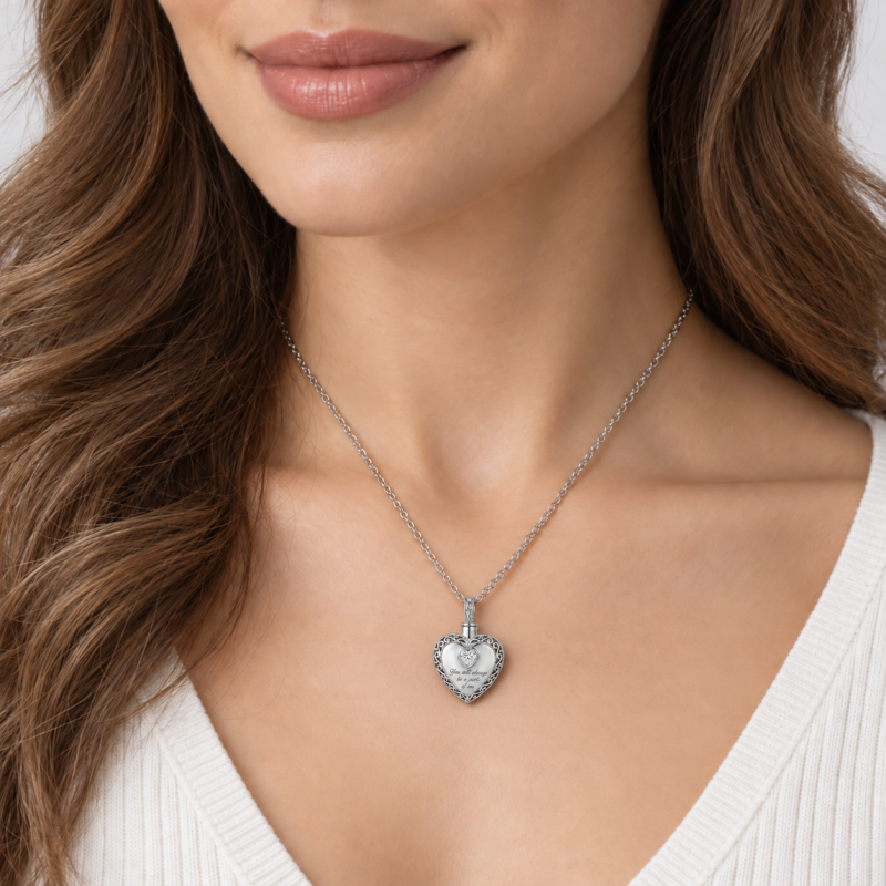 Collar con urna en forma de corazón, grabable y con piedra de nacimiento, de plata de ley para cenizas.-2