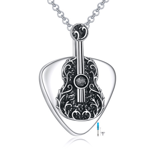 Collar con urna para cenizas con colgante de guitarra negra en plata de ley y corazón.