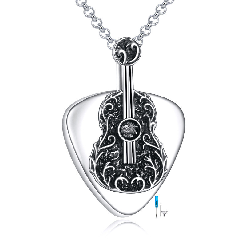 Collar con urna para cenizas con colgante de guitarra negra en plata de ley y corazón.-2