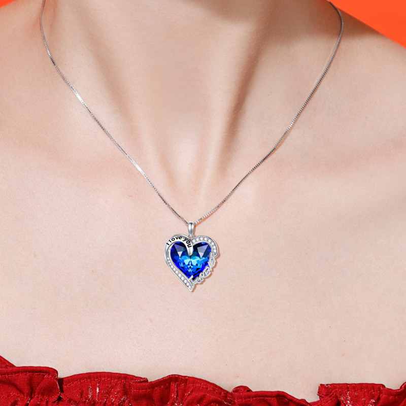 Collar colgante de plata de ley con corazón azul de cristal grabado I Love You Forever-2