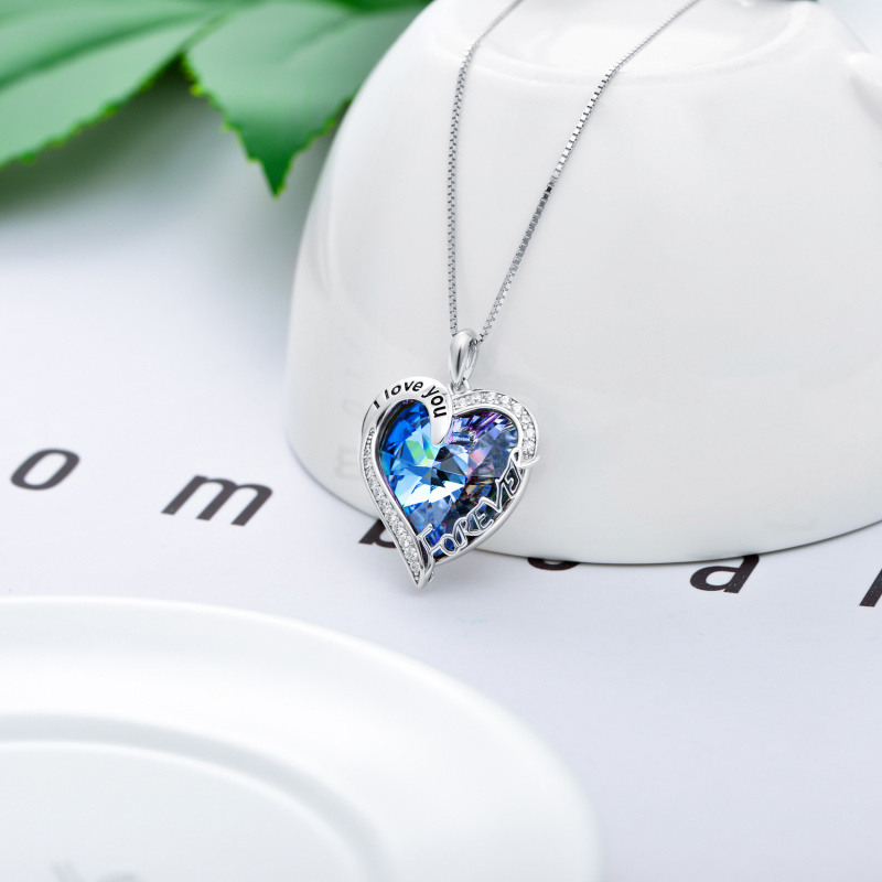 Collar colgante de plata de ley con corazón azul de cristal grabado I Love You Forever-3