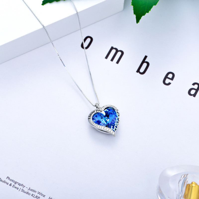 Collar colgante de plata de ley con corazón azul de cristal grabado I Love You Forever-4