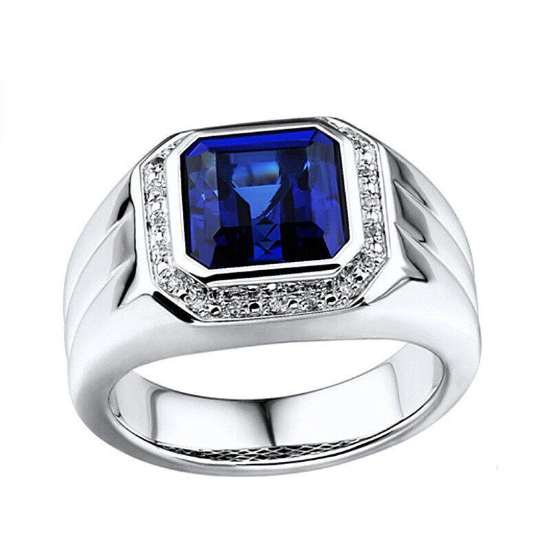Sterling Silver Blue Sapphire And Moissanite Personalised Engraving Ring For Men-7