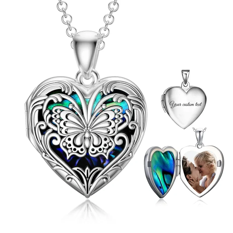 Mariposa de plata de ley en forma de corazón de abulón mariscos Personalizada Grabación Foto Collar Relicario-18