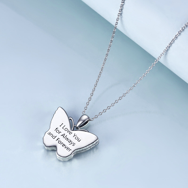 Collar con medallón de foto personalizado de mariposa de plata de ley con palabra grabada para mujer-2