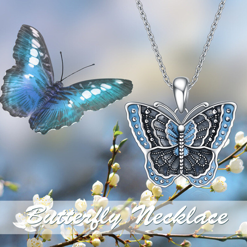 Collar con medallón de foto personalizado de mariposa de plata de ley con palabra grabada para mujer-5