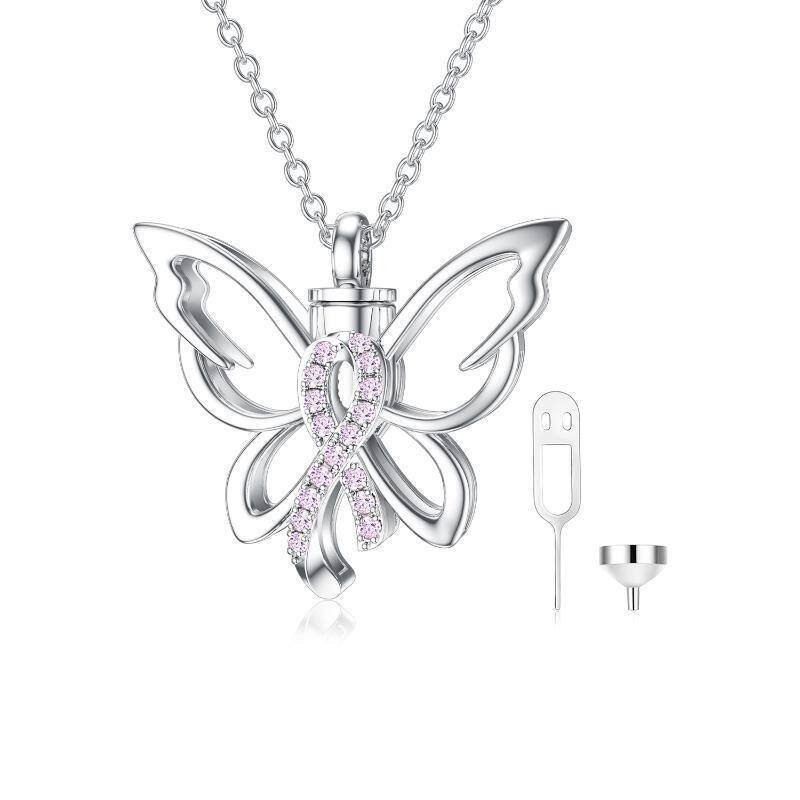 Collar de plata de ley con mariposa y lazo rosa para cenizas de cáncer de mama-18
