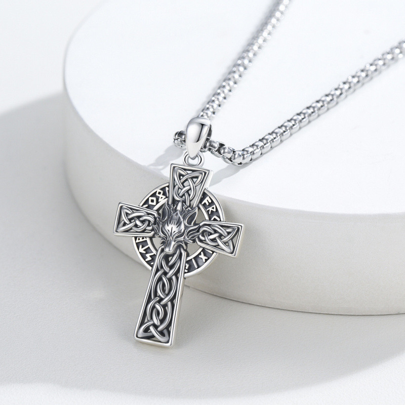 Collier avec pendentif nœud celtique et croix avec loup en argent sterling pour homme-6