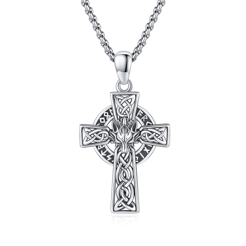 Collar con colgante de cruz y nudo celta de plata de ley con lobo para hombre-3